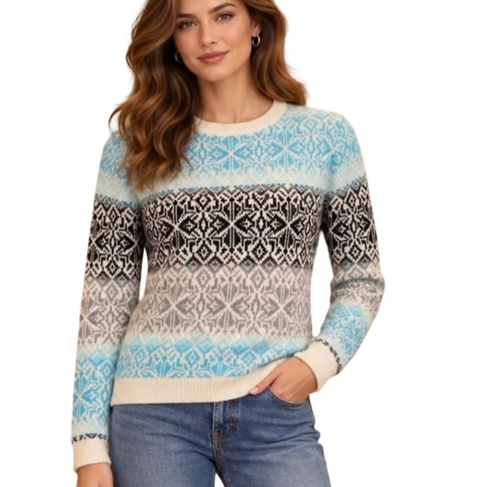 Talbots Blue Gray Fair Isle Crewneck Sweater Sz XL Obre Nordic Lambswool Blend